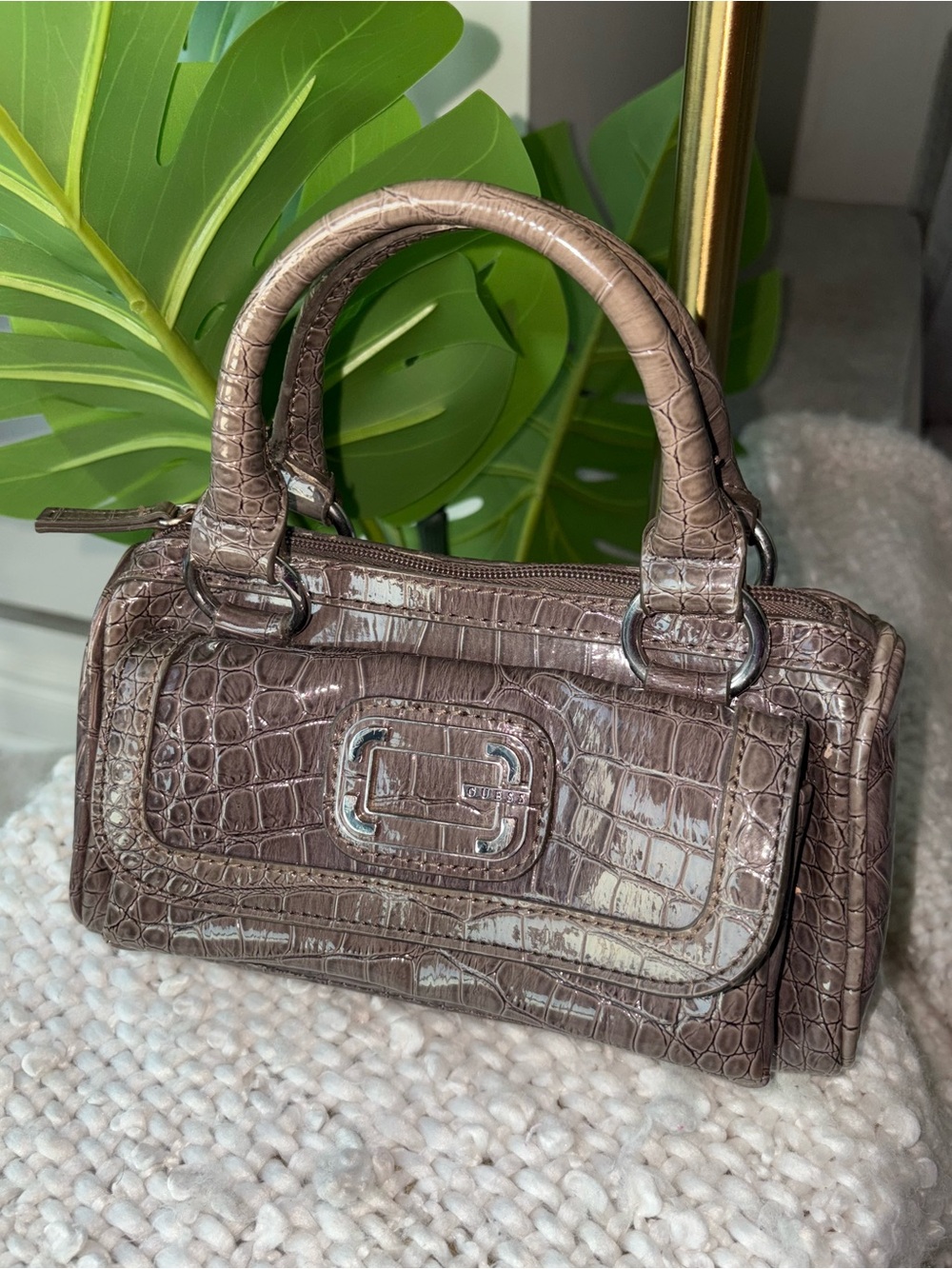 Vintage Y2K GUESS Croc Embossed Mini Satchel Bag Grey Silver G Logo McBling